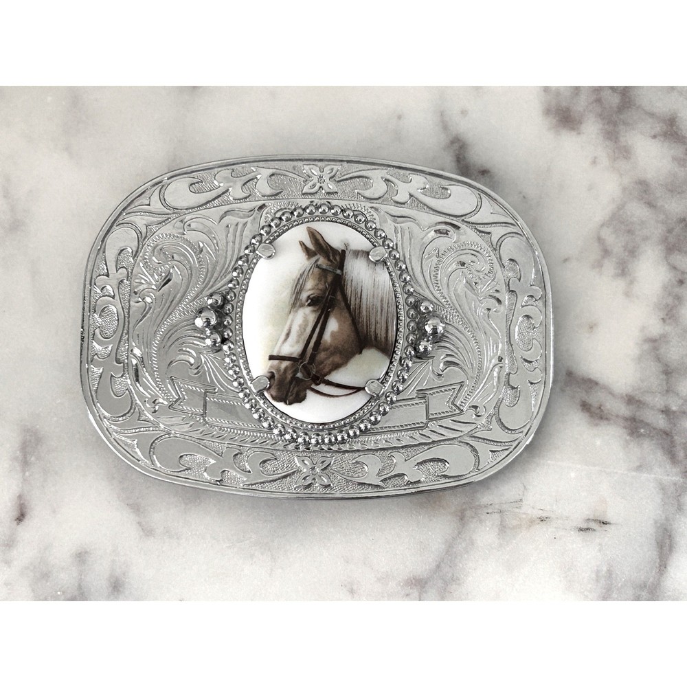 Vintage Western Horse Belt Buckle Silver Tone Engraved Floral Equestrian Oval