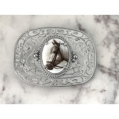 Vintage Western Horse Belt Buckle Silver Tone Engraved Floral Equestrian Oval