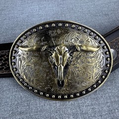Bison Denim Brown Leather Belt 110cm 43 in Ornate Longhorn Buckle Western