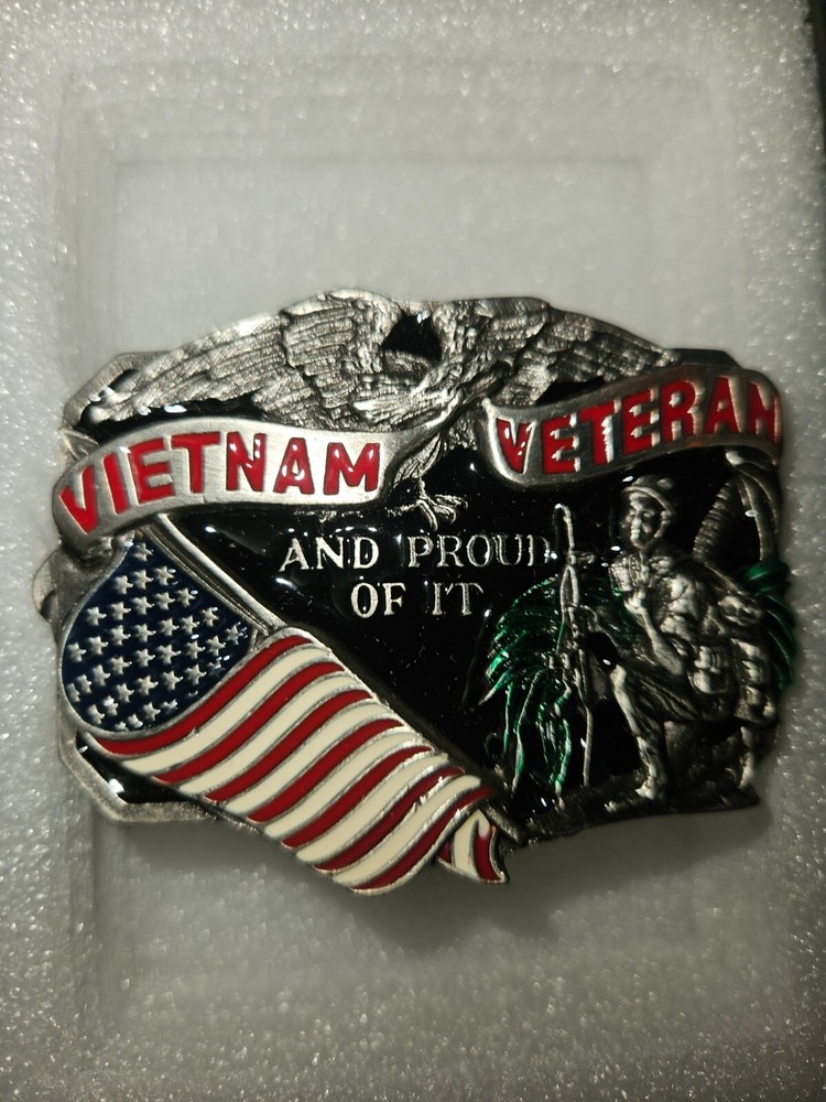 VTG Vietnam Veteran And Proud Of It Belt Buckle Enamel Great American Buckle Co