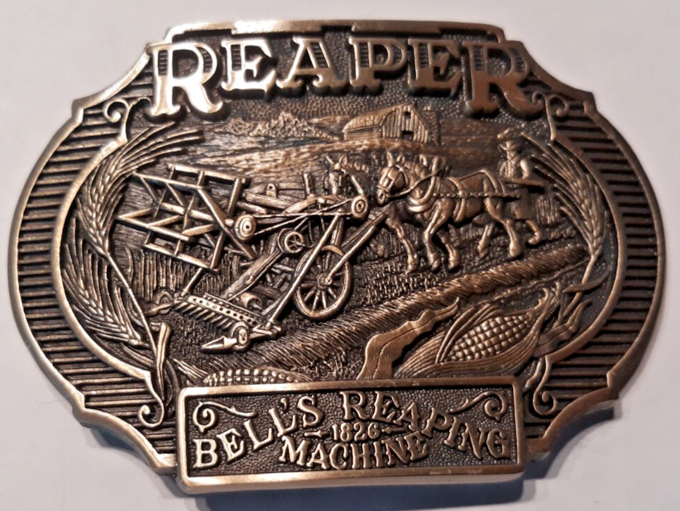 belt buckle Reaper Bell&rsquo;s Reaping Machine 1926 solid brass 3.75&Prime; long 1st editio