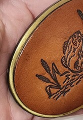 Vintage 70s Fishing Belt Buckle Brass Fish Scene Made USA Western Resin Inlay