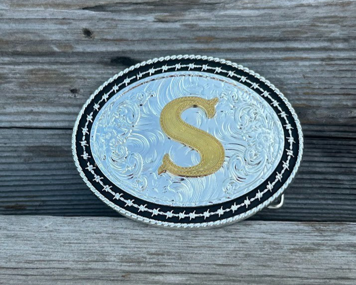 Western Style Matte Black and Silver Oval Shaped Gold Initial S Belt Buckle