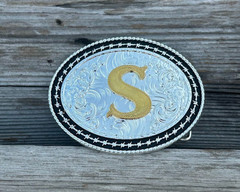 Western Style Matte Black and Silver Oval Shaped Gold Initial S Belt Buckle