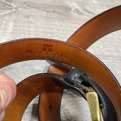 Trafalgar Belt Mens 38 Black Leather Brass Buckle Hand Polished Dress Classic