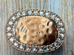 Textured Hammered Metal with Clear Rhinestone Border Modernist Belt Buckle
