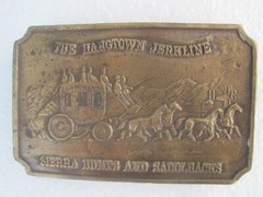 Hangtown Jerkline Sierra Brass Belt Buckle Western Stagecoach horses Vintage