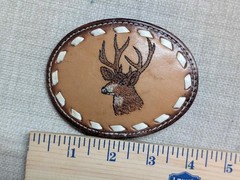vintage DEER belt buckle STITCHED leather WESTERN handcrafted BIG BUCK brown