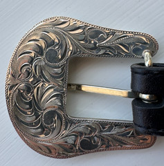 Sterling Silver 3-Piece Engraved Bronco Buckle Set 1” Belt. UNMARKED GARCIA