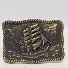 Vintage 70s Solid Brass Sailing Ship Clipper Belt Buckle Boho Western Cosplay