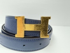 Authentic HERMES H Logo Reversible Belt Strap Blue Gold Tone Buckle Kit 85