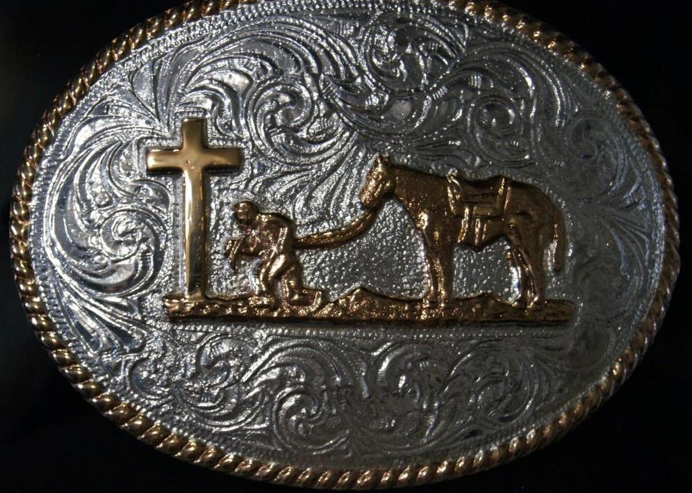 Crumrine Western Buckle Oval Praying Cowboy at Cross Silver & Gold Tone C1037448