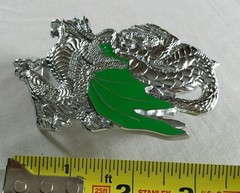 SHINY CHROME PLATED GREEN WINGED DRAGON SOLID BRASS BELT BUCKLE 1982