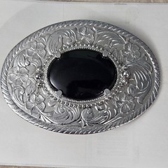 AWESOME Ornate Vintage Silver Buckle with Black Onyx Gem Floral Engraved Retro