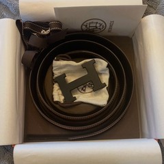 Hermes Black and Brown Reversible Leather Belt w Black Noir H Buckle Incl Box 95