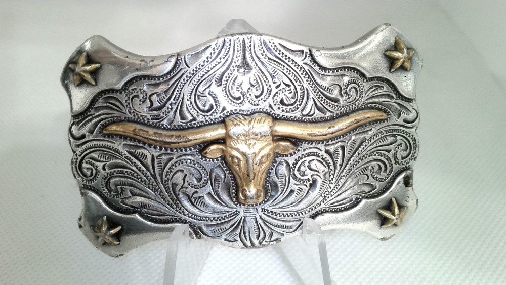 Longhorn Steer Dress Belt Buckle Western Cowboy Scroll Stars Cowgirl Vintage