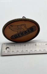 Dekalb Brown Belt Buckle Leather Metal Spec Cast Rockford Illinois – Size
