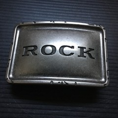 Vintage 1990s Distressed Silver Plate Metal « ROCK » Rectangular Belt Buckle