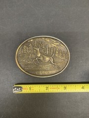Brass Oval Belt Buckle Hunting Jumping Deer Forest