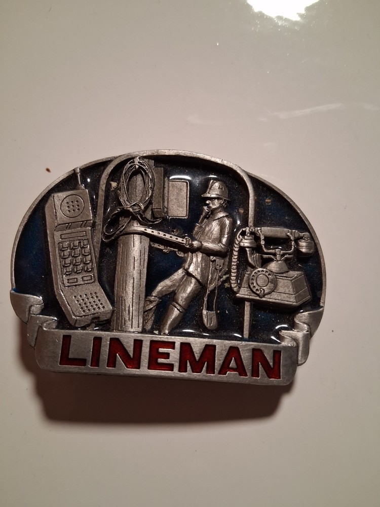 Vintage 1993 C&J Inc. Lineman Graphic Oval Western Belt Buckle Silver/Black