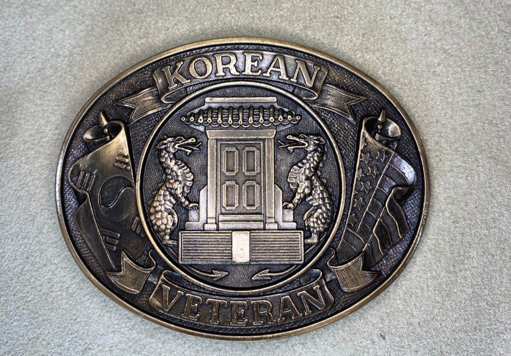 Korean War Veteran Belt Buckle Dragons Flags USA Patriotic 