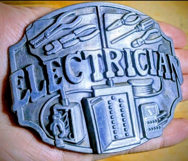 Vintage Electrician Belt Buckle Pewter Tone Metal Electrical Lineman Tools Gift
