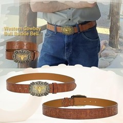 Western Cowboy-Belts for Men Big-Buckle Longhorn-Bull Pu-Leather Rodeo Cowgirl-B