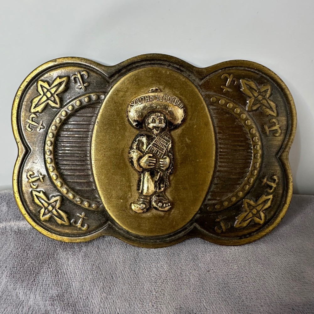Vtg South of the Border Belt Buckle Japan Brass Tone Souvenir Pedro Lightweight