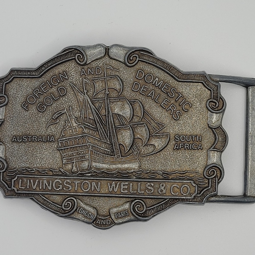 Livingston Wells & Co Sailing Ship Foreign Domestic Mens Vintage Old Belt Buckle