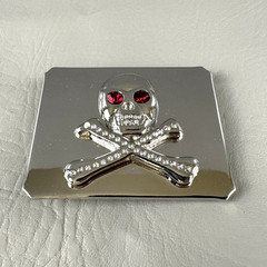 Skull Crossbones Belt Buckle Rhinestone Silver Tone Red Eyes Pirate Goth