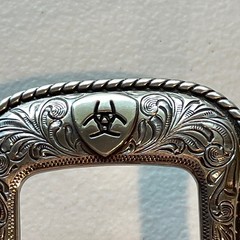 Ariat Western Belt Buckle Filigree Scroll Logo Silver Toned Rope Edge A2108