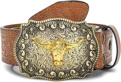 Western Cowboy-Belts for Men Big-Buckle Longhorn-Bull Pu-Leather Rodeo Cowgirl-B