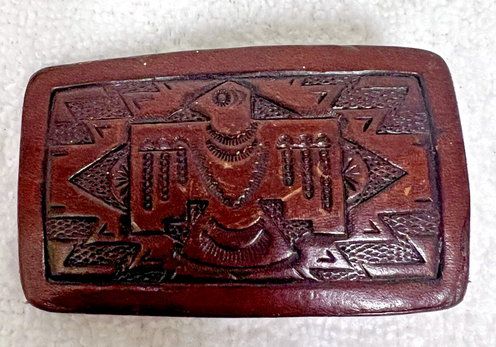 1970s Vintage Embossed Native American Thunderbird Tooled Leather Belt Buckle