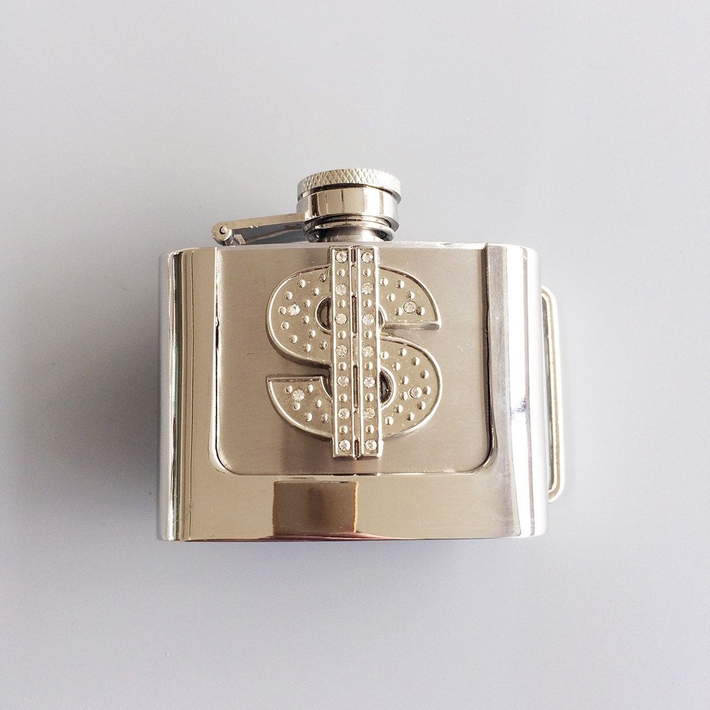Dollar Money $ Sign 2 oz Stainless Steel Flask Belt Buckle