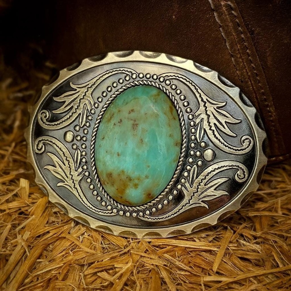 Turquoise Stone Belt Buckle Engraved Brass Western Cowboy Rodeo Style