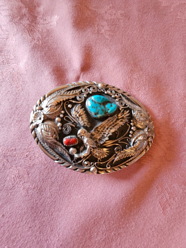 Silver Belt Buckle 3&Prime; x 4&Prime; 6.5 oz. Eagle Coral and Turquoise Accents