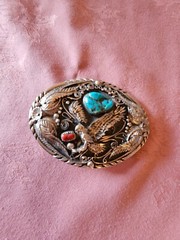 Silver Belt Buckle 3&Prime; x 4&Prime; 6.5 oz. Eagle Coral and Turquoise Accents