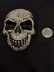 Heavy Rhinestone Skull Belt Buckle Silver Tone Black Enamel Gothic Punk