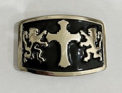 Mens Belt Buckle Black Silver With Double Lions and Cross 4×3” Vintage