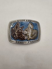 Vintage LE 1979 Hogs Are Beautiful Belt Buckle Pigs Farmer Enameled Heavy # H741