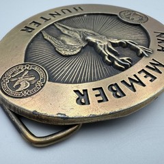 Vintage NRA Member Hunter Belt Buckle Brass Tone Deer Buck Wildlife Logo Oval