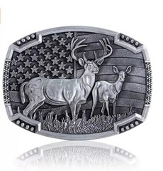 American Flag Deer Hunting Belt Buckle – Buck & Doe, Antique Silver Western