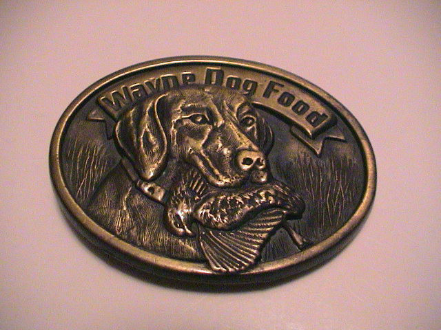 WAYNE DOG PET FOOD RETRIEVER WITH DUCK IN MOUTH HUNTING BRASS METAL BELT BUCKLE