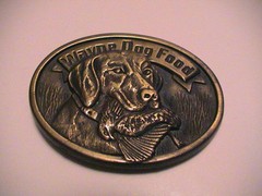 WAYNE DOG PET FOOD RETRIEVER WITH DUCK IN MOUTH HUNTING BRASS METAL BELT BUCKLE