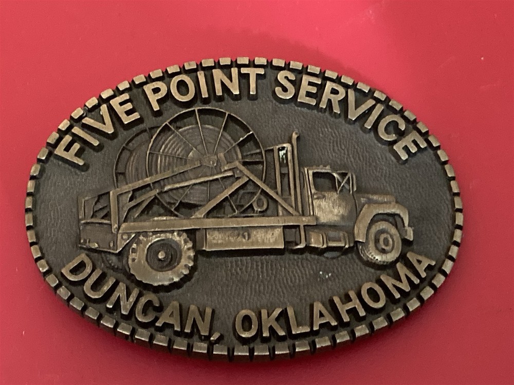 vintage belt buckle, Five Point Service, Duncan OK, Oklahoma Oil rig building