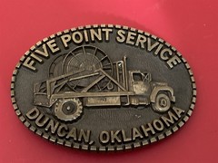 vintage belt buckle, Five Point Service, Duncan OK, Oklahoma Oil rig building