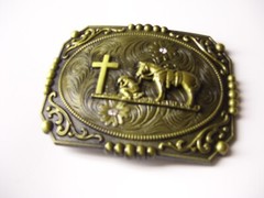 Belt Buckle Praying Cowboy Kneeling at Cross Western Floral Large 4.5&Prime;x 3.5&Prime;