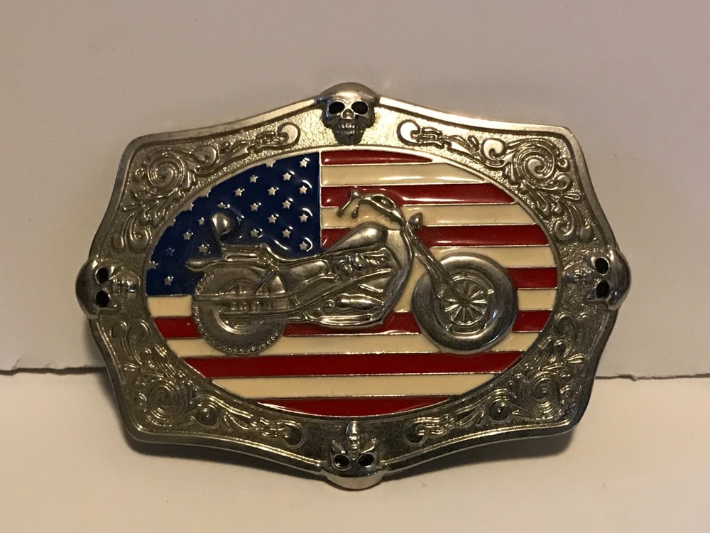 American Flag with Skulls and Motorcycle / Chopper Belt Buckle