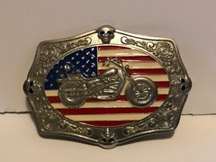 American Flag with Skulls and Motorcycle / Chopper Belt Buckle