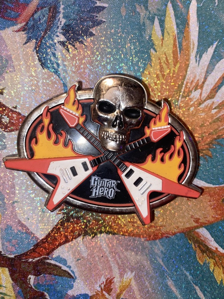 Plastic Guitar Hero Belt Buckle With Skull & Flames